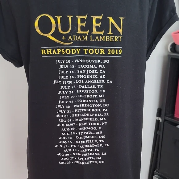 Queen And Adam Lambert Black Graphic Tee with Gold and White Design - Picture 8 of 8